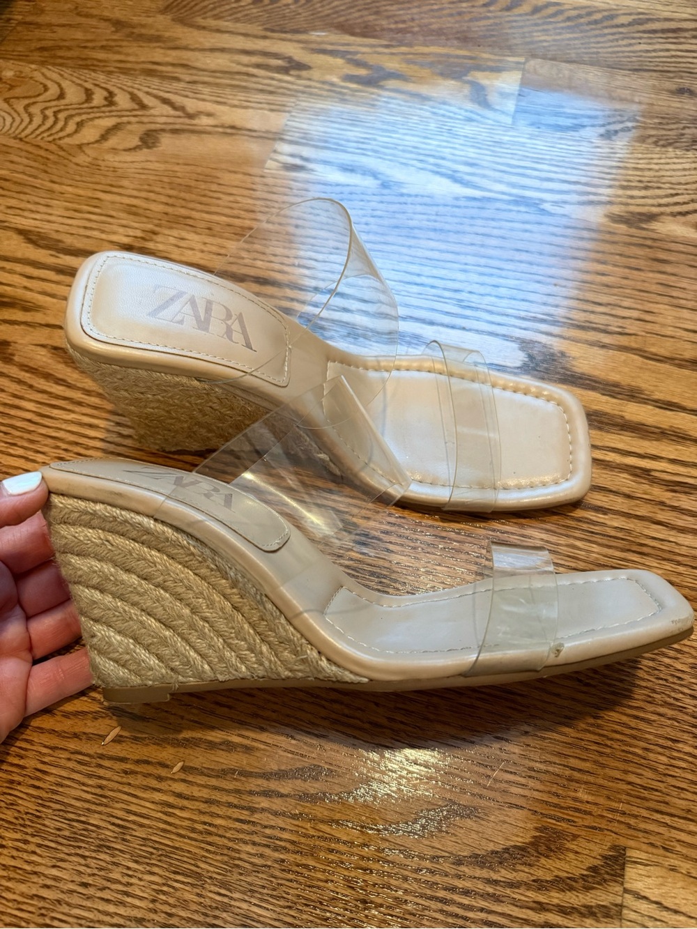 Zara Clear-Strap Espadrille Wedge Sandals in Beige and Clear